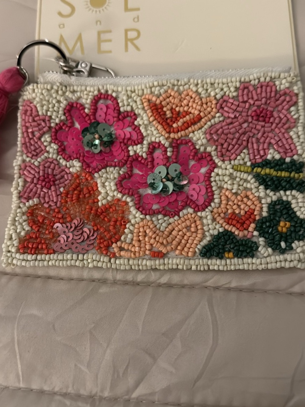 Beaded Floral Wristlet Clutch in Pink & Cream